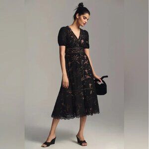 NWT Anthropologie 'The Ophelia' Puff-Sleeve Lace Dress in Black Women's Size 16W